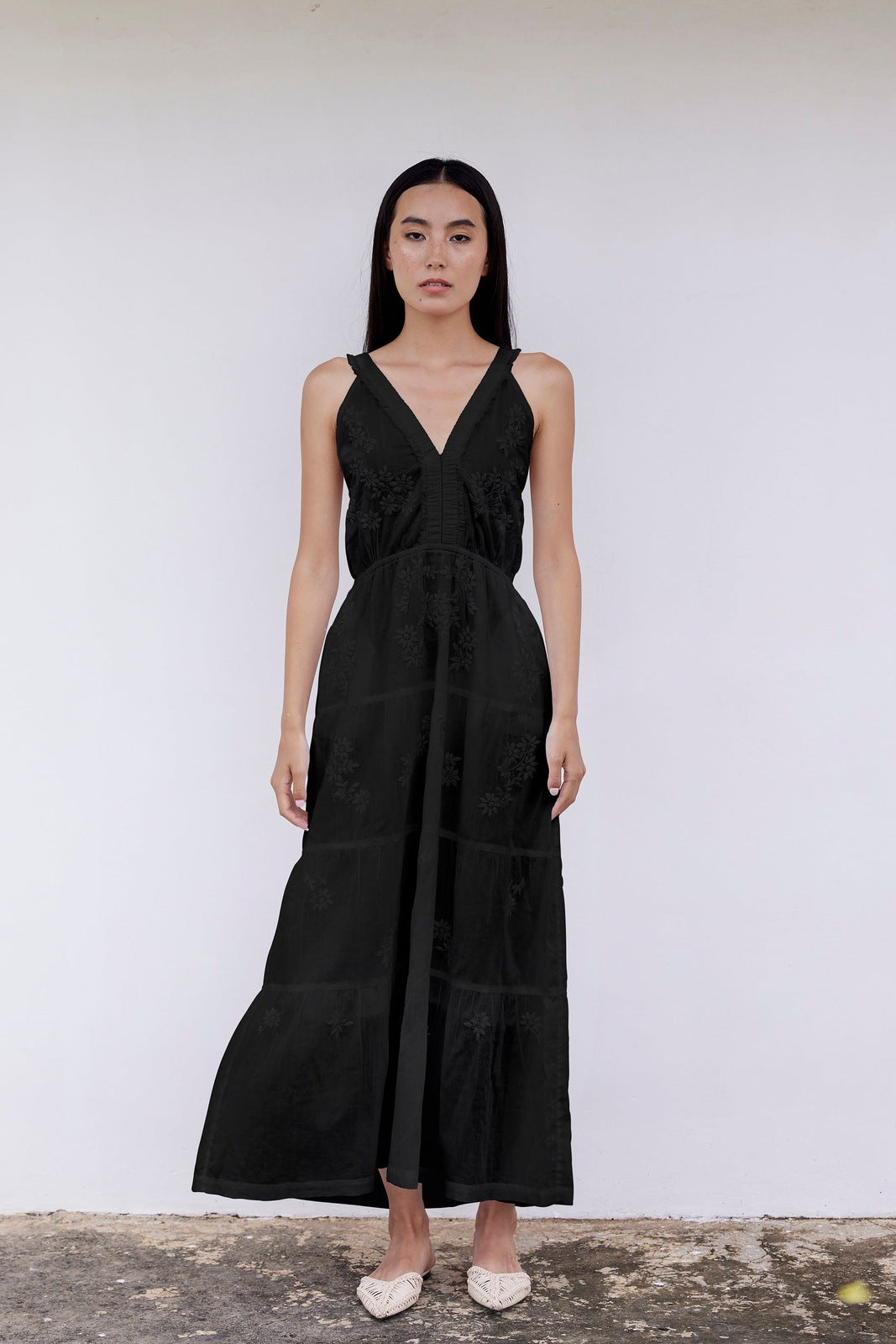ワンピース Embroidered Cuffs A-Line Dress - black Black Kos Dress - Hand-Embroidered Cotton | Bohemian Chic