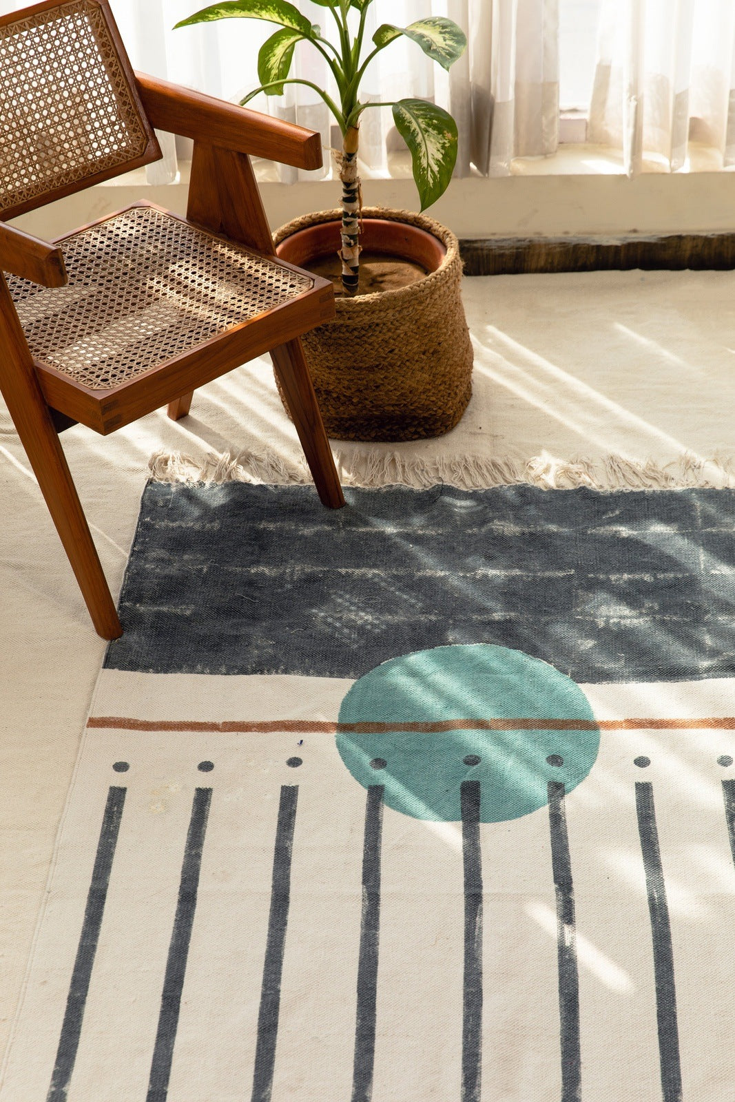 Handmade 100% Cotton Rug with Abstract Moon Design | Blue, White, Brown ...