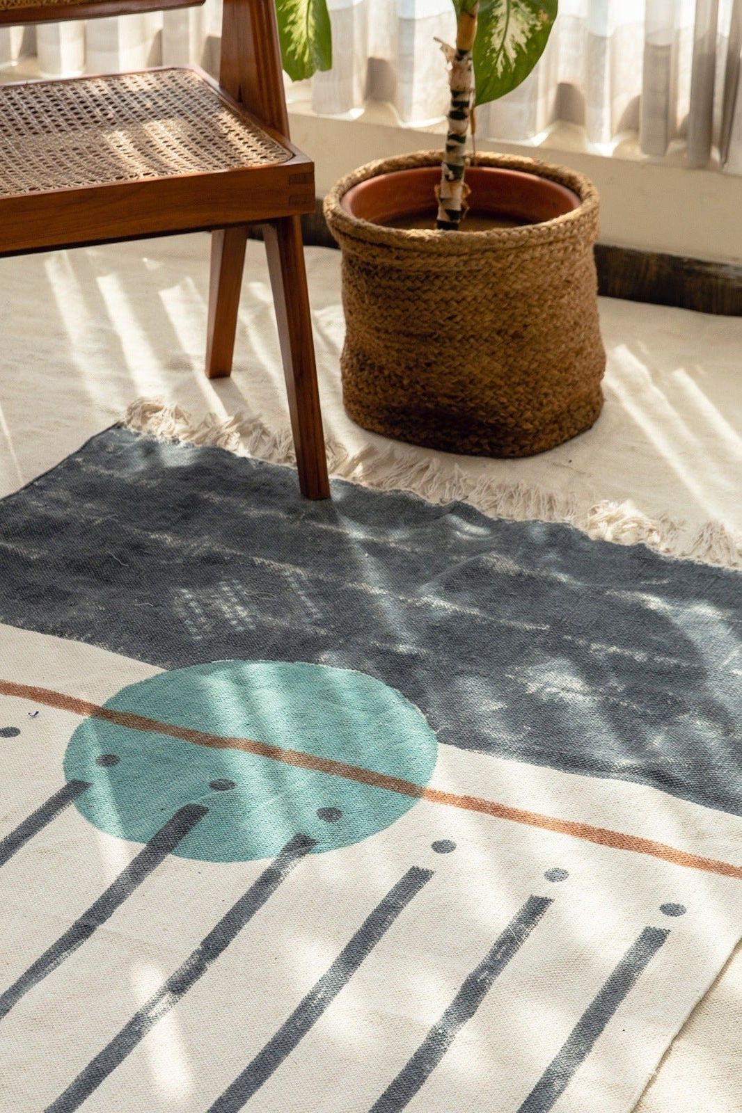 Handmade 100% Cotton Rug with Abstract Moon Design | Blue, White, Brown ...