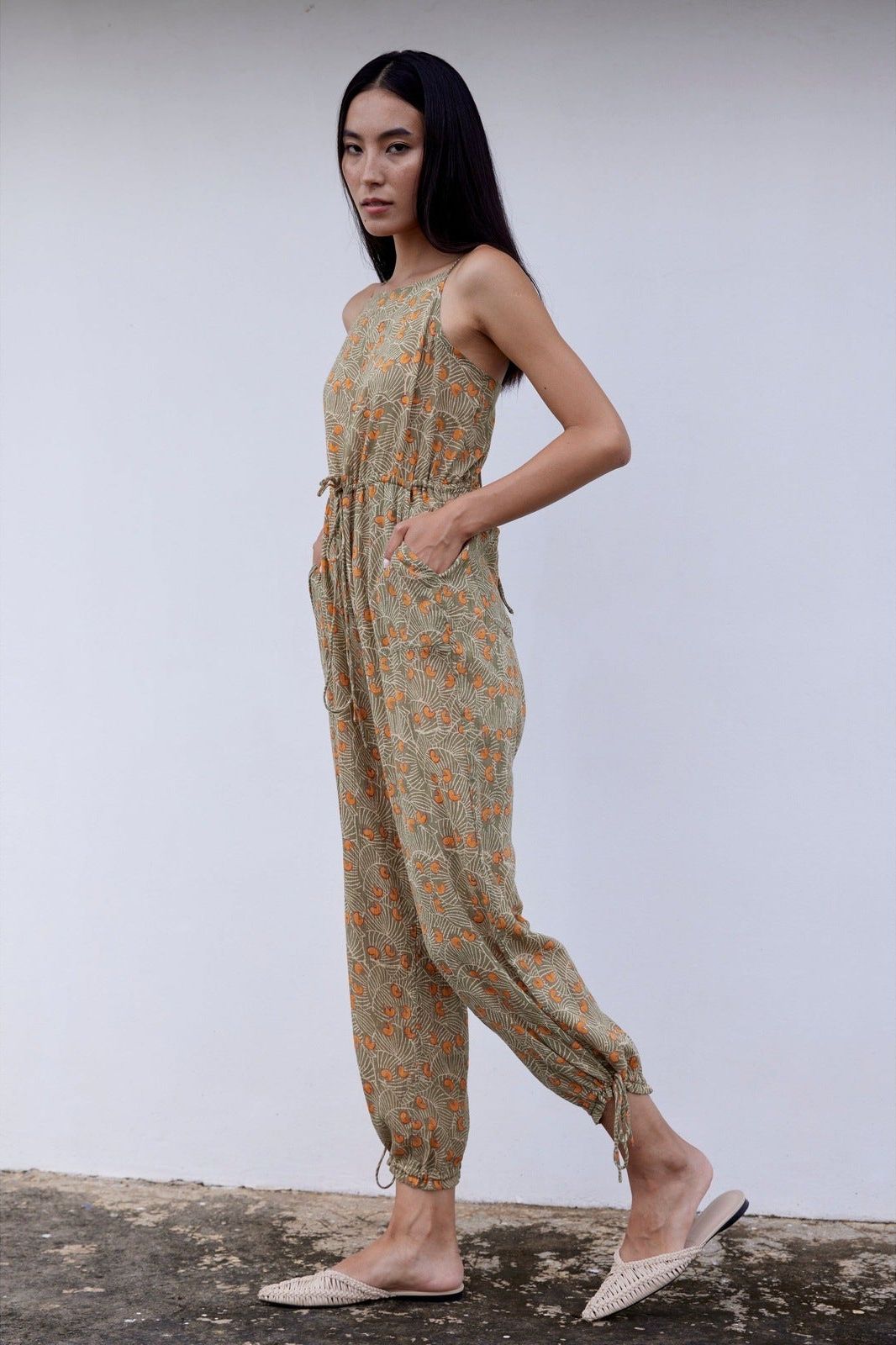 Hand-Printed Simané Jumpsuit (Safari Green) - CQC LA - One Size